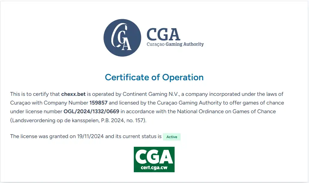 بيانات تشغيل CHEXX في بوابة Curaçao Gaming Authority